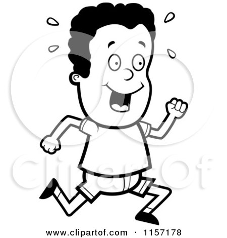Cartoon Clipart Of A Black And White Happy Black Boy Running - Vector Outlined Coloring Page by Cory Thoman