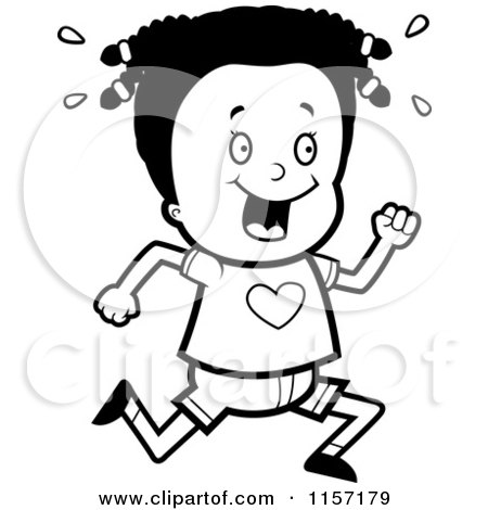 Cartoon Clipart Of A Black And White Happy Girl Sweating and Running - Vector Outlined Coloring Page by Cory Thoman