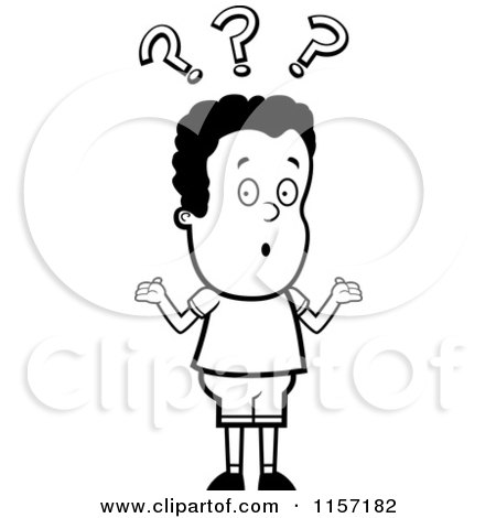Cartoon Clipart Of A Black And White Confused Boy Shrugging Under Question Marks - Vector Outlined Coloring Page by Cory Thoman