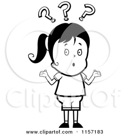 Cartoon Clipart Of A Black And White Confused Haired Girl Shrugging Under Question Marks - Vector Outlined Coloring Page by Cory Thoman