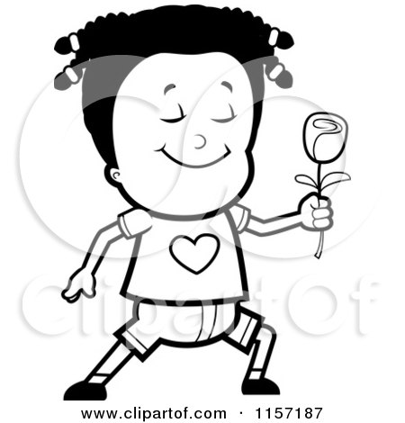 Cartoon Clipart Of A Black And White Sweet Girl Giving a Rose - Vector Outlined Coloring Page by Cory Thoman