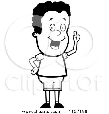 Cartoon Clipart Of A Black And White Smart Boy Holding up a Finger - Vector Outlined Coloring Page by Cory Thoman