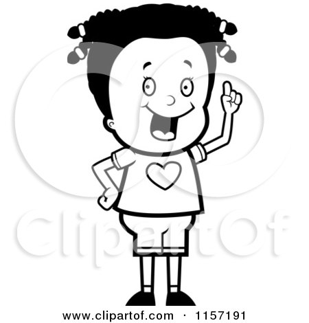 Cartoon Clipart Of A Black And White Sweet Black Girl Holding up a Finger - Vector Outlined Coloring Page by Cory Thoman