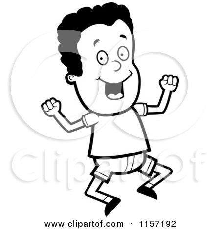 Cartoon Clipart Of A Black And White Jumping Energetic African American Boy Character - Vector Outlined Coloring Page by Cory Thoman