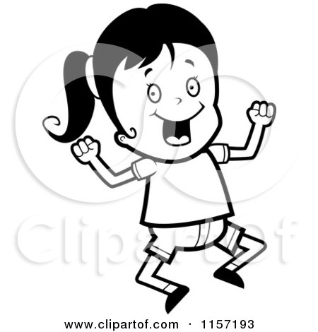 Cartoon Clipart Of A Black And White Excited Girl Jumping - Vector Outlined Coloring Page by Cory Thoman