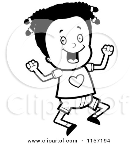 Cartoon Clipart Of A Black And White Happy Black Girl Jumping - Vector Outlined Coloring Page by Cory Thoman
