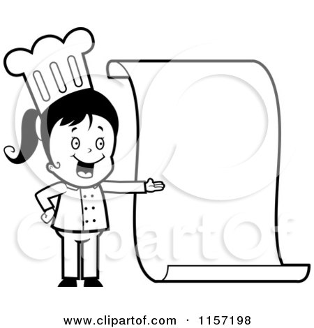 Cartoon Clipart Of A Black And White Little Chef Girl Presenting a Blank Menu - Vector Outlined Coloring Page by Cory Thoman