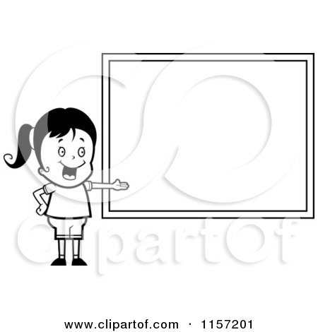 Cartoon Clipart Of A Black And White Friendly School Girl Presenting a Chalk Board - Vector Outlined Coloring Page by Cory Thoman