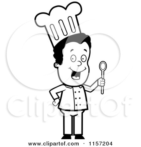Cartoon Clipart Of A Black And White Happy Chef Man Holding a Spoon - Vector Outlined Coloring Page by Cory Thoman