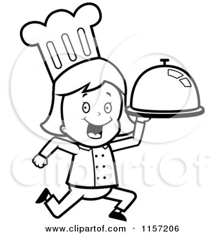 Cartoon Clipart Of A Black And White Chef Girl Running with a Platter - Vector Outlined Coloring Page by Cory Thoman