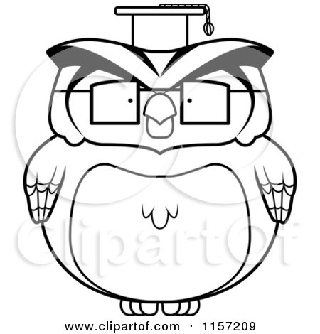 Cartoon Clipart Of A Black And White Chubby Owl Professor - Vector Outlined Coloring Page by Cory Thoman