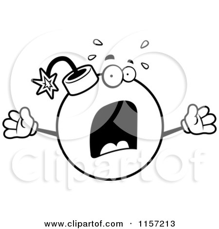Cartoon Clipart Of A Black And White Panicked Bomb Freaking out - Vector Outlined Coloring Page by Cory Thoman