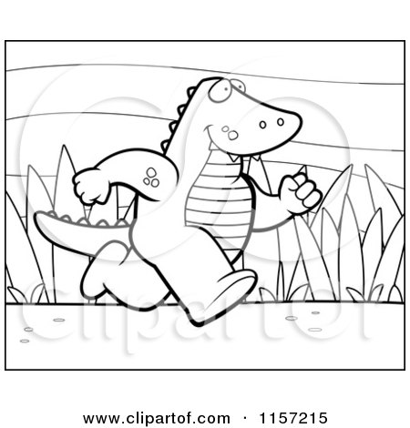 Cartoon Clipart Of A Black And White Running Alligator - Vector Outlined Coloring Page by Cory Thoman
