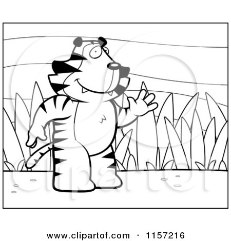 Cartoon Clipart Of A Black And White Friendly Tiger Standing and Waving, on a Grassy Background - Vector Outlined Coloring Page by Cory Thoman