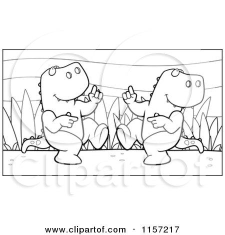 Cartoon Clipart Of A Black And White T Rex Couple Dancing - Vector Outlined Coloring Page by Cory Thoman