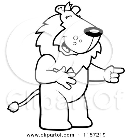 Cartoon Clipart Of A Black And White Lion Laughing and Pointing - Vector Outlined Coloring Page by Cory Thoman