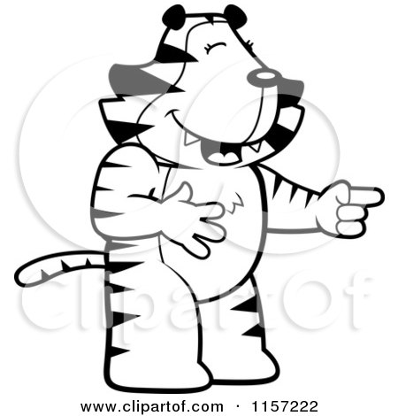 Cartoon Clipart Of A Black And White Tiger Laughing and Pointing - Vector Outlined Coloring Page by Cory Thoman