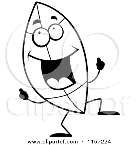 Cartoon Clipart Of A Black And White Happy Leaf Dancing - Vector Outlined Coloring Page by Cory Thoman