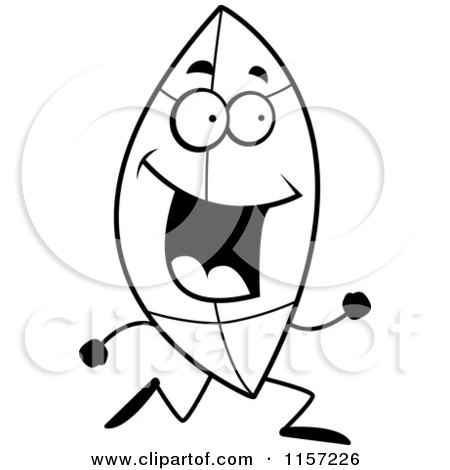 Cartoon Clipart Of A Black And White Happy Leaf Face Running - Vector Outlined Coloring Page by Cory Thoman