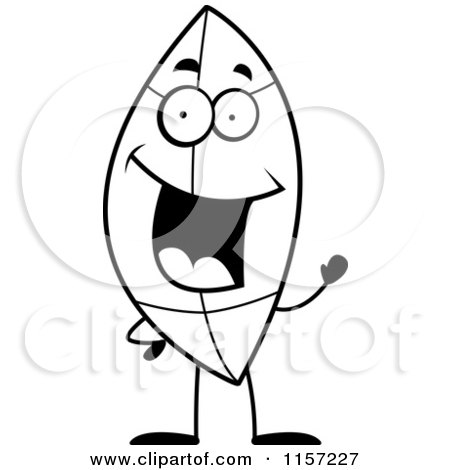 Cartoon Clipart Of A Black And White Happy Leaf Waving - Vector Outlined Coloring Page by Cory Thoman