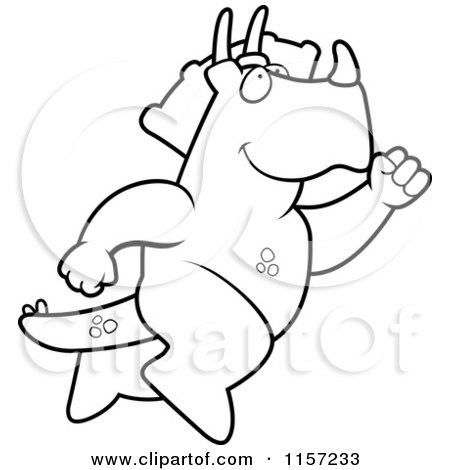 Cartoon Clipart Of A Black And White Big Triceratops Leaping - Vector Outlined Coloring Page by Cory Thoman