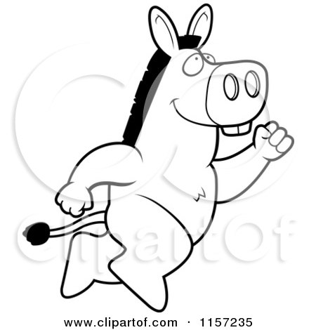 Cartoon Clipart Of A Black And White Big Donkey Leaping - Vector Outlined Coloring Page by Cory Thoman