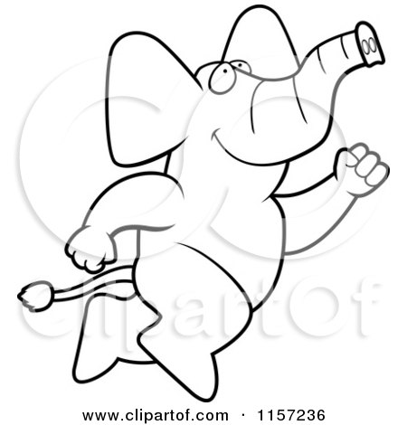 Cartoon Clipart Of A Black And White Big Elephant Leaping - Vector Outlined Coloring Page by Cory Thoman