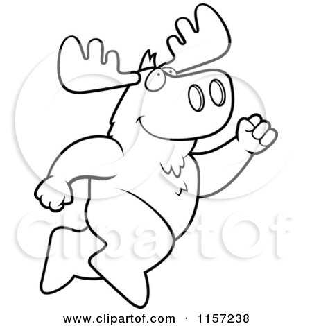 Cartoon Clipart Of A Black And White Happy Leaping Moose - Vector Outlined Coloring Page by Cory Thoman