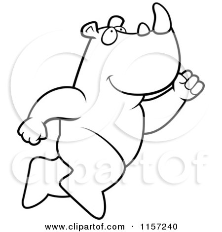 Cartoon Clipart Of A Black And White Big Rhino Leaping - Vector Outlined Coloring Page by Cory Thoman