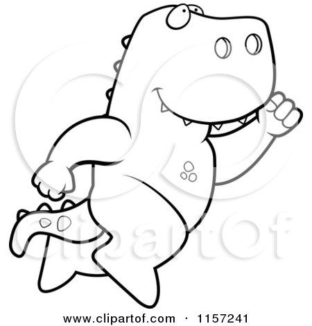 Cartoon Clipart Of A Black And White Happy T Rex Leaping - Vector Outlined Coloring Page by Cory Thoman