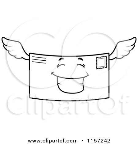 Cartoon Clipart Of A Black And White Happy Smiling Winged Letter - Vector Outlined Coloring Page by Cory Thoman