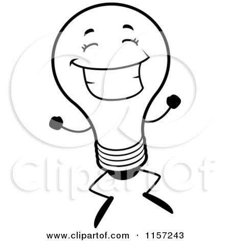 Cartoon Clipart Of A Black And White Happy Light Bulb Smiling and Jumping - Vector Outlined Coloring Page by Cory Thoman