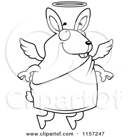 Cartoon Clipart Of A Black And White Flying Angel Rabbit with a Halo - Vector Outlined Coloring Page by Cory Thoman