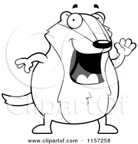 Cartoon Clipart Of A Black And White Pudgy Badger Waving - Vector Outlined Coloring Page by Cory Thoman
