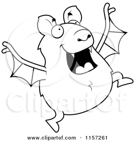 Cartoon Clipart Of A Black And White Chubby Bat Jumping - Vector Outlined Coloring Page by Cory Thoman