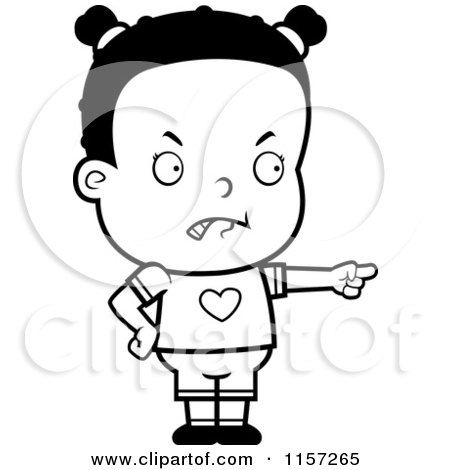 Cartoon Clipart Of A Black And White Little Black Girl Pointing the Blame - Vector Outlined Coloring Page by Cory Thoman