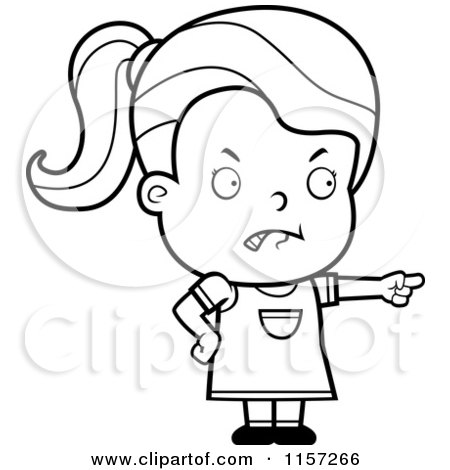 Cartoon Clipart Of A Black And White Girl Angrily Pointing - Vector Outlined Coloring Page by Cory Thoman