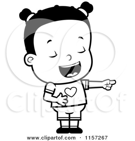 Cartoon Clipart Of A Black And White Little Black Girl Pointing and Laughing at Anothers Expense - Vector Outlined Coloring Page by Cory Thoman