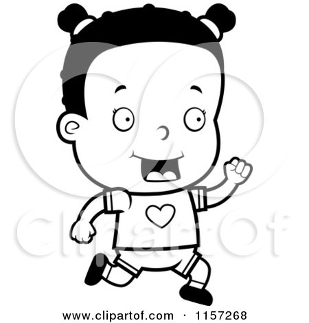 Cartoon Clipart Of A Black And White Happy Black Girl Running - Vector Outlined Coloring Page by Cory Thoman