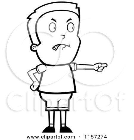 Cartoon Clipart Of A Black And White Angry Boy Pointing His Finger - Vector Outlined Coloring Page by Cory Thoman