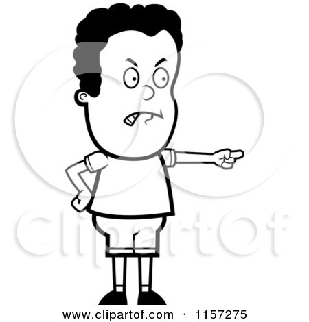 Cartoon Clipart Of A Black And White Mad Black Boy Pointing - Vector Outlined Coloring Page by Cory Thoman