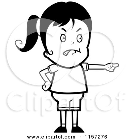Cartoon Clipart Of A Black And White Mad Girl Pointing - Vector Outlined Coloring Page by Cory Thoman