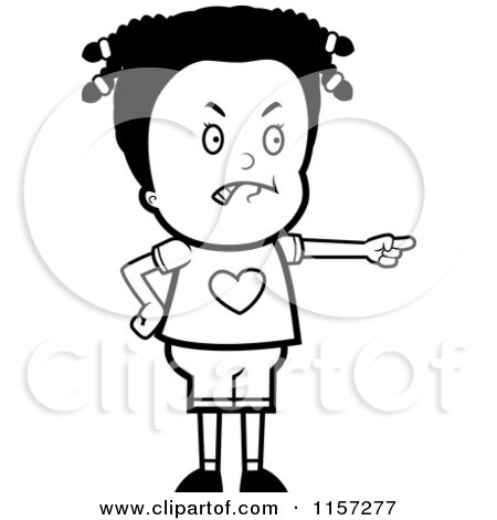 Cartoon Clipart Of A Black And White Mad Black Girl Pointing - Vector Outlined Coloring Page by Cory Thoman