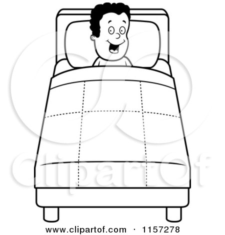 Cartoon Clipart Of A Black And White Happy Black Boy Tucked into Bed - Vector Outlined Coloring Page by Cory Thoman