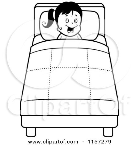 Cartoon Clipart Of A Black And White Happy Girl Tucked Into Bed - Vector Outlined Coloring Page by Cory Thoman