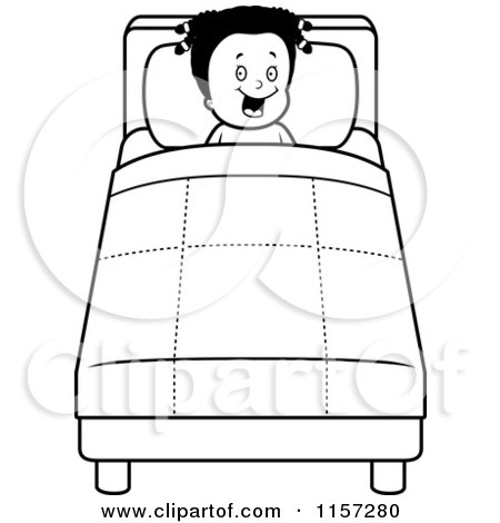 Cartoon Clipart Of A Black And White Happy Black Girl Tucked Into Bed - Vector Outlined Coloring Page by Cory Thoman