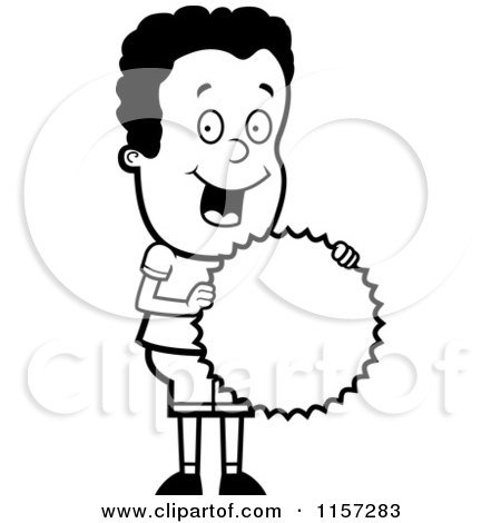Cartoon Clipart Of A Black And White Pleased Black Boy Holding a Burst Seal - Vector Outlined Coloring Page by Cory Thoman