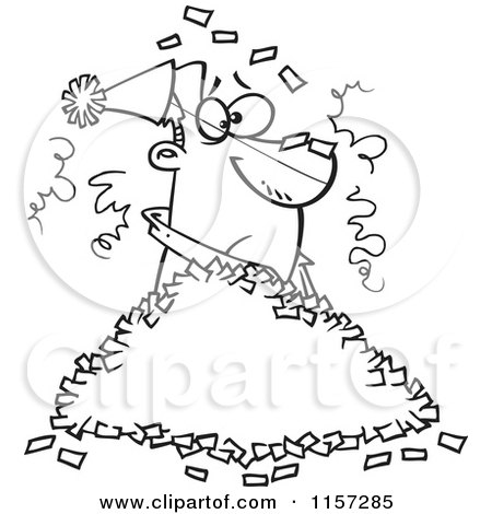 Cartoon Clipart Of A Black And White Man in a Pile of Party Confetti - Vector Outlined Coloring Page by toonaday