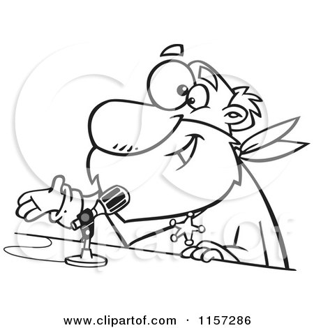 Cartoon Clipart Of A Black And White CRS Santa Speaking into a Microphone - Vector Outlined Coloring Page by toonaday