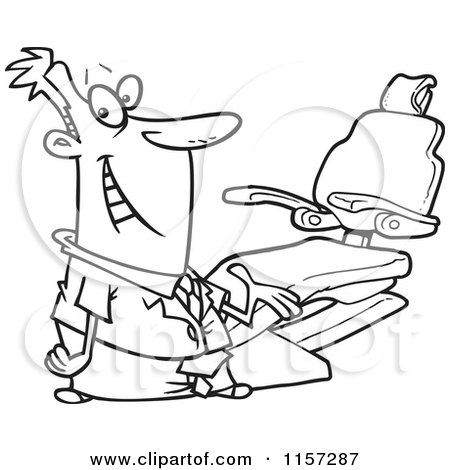 Cartoon Clipart Of A Black And White Friendly Dentist Man Presenting His Chair - Vector Outlined Coloring Page by toonaday